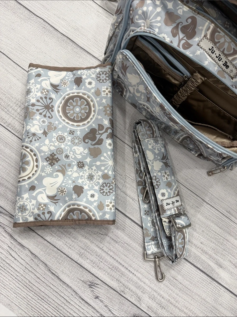 Ju-Ju-Be Light Blue Taupe Floral Diaper Bag Backpack with Changing Pad